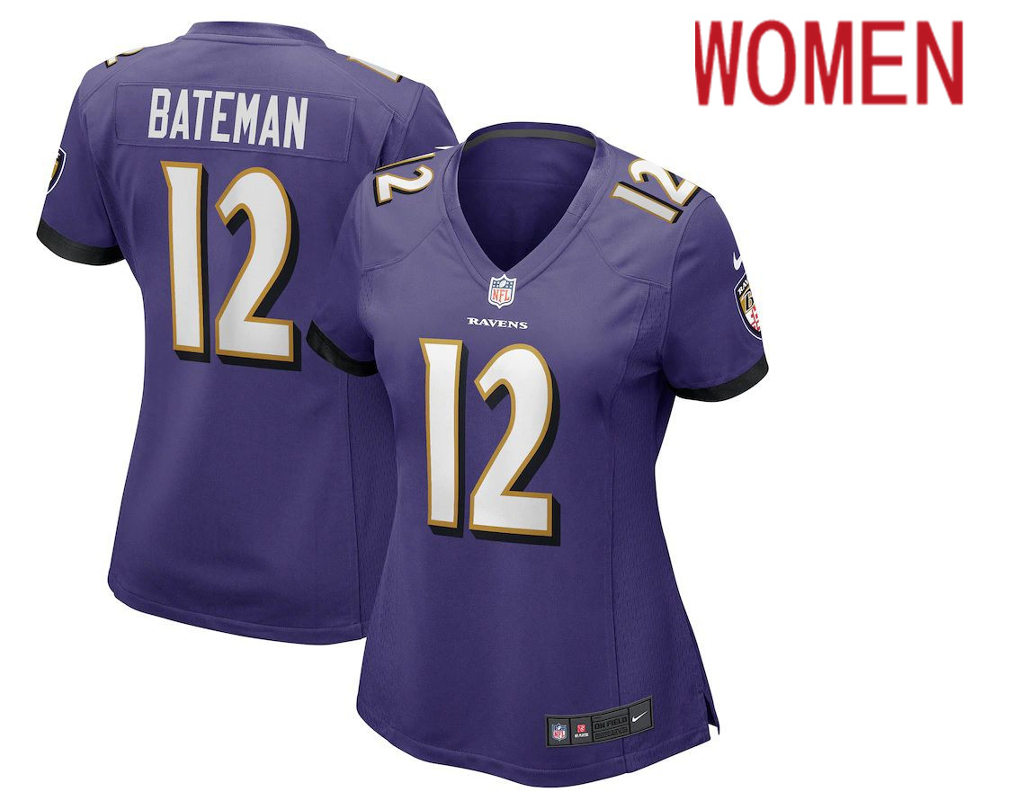 Women Baltimore Ravens 12 Rashod Bateman Nike Purple Game NFL Jersey